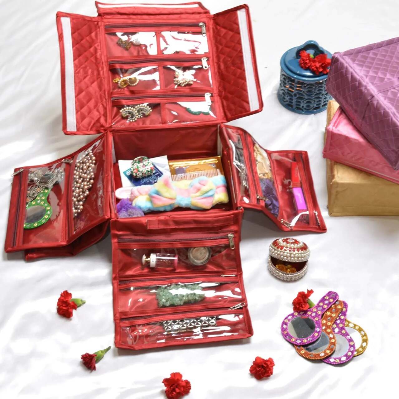 Handmade Jewelry Organizer Foldable Cloth Bag Travel Kit with Transparent Pockets for Earrings Bracelet Traveling Essentials Vanity Housewarming Gift